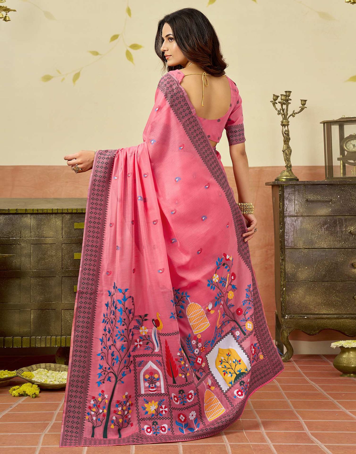 Coral Pink Chanderi Woven Saree