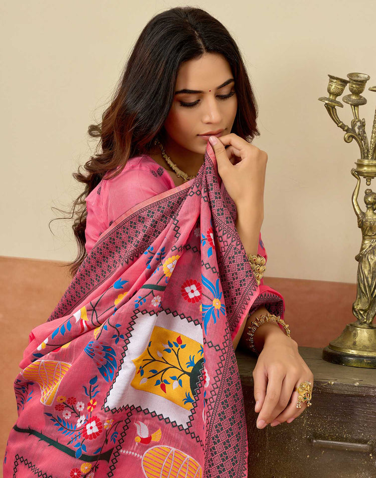 Coral Pink Chanderi Woven Saree