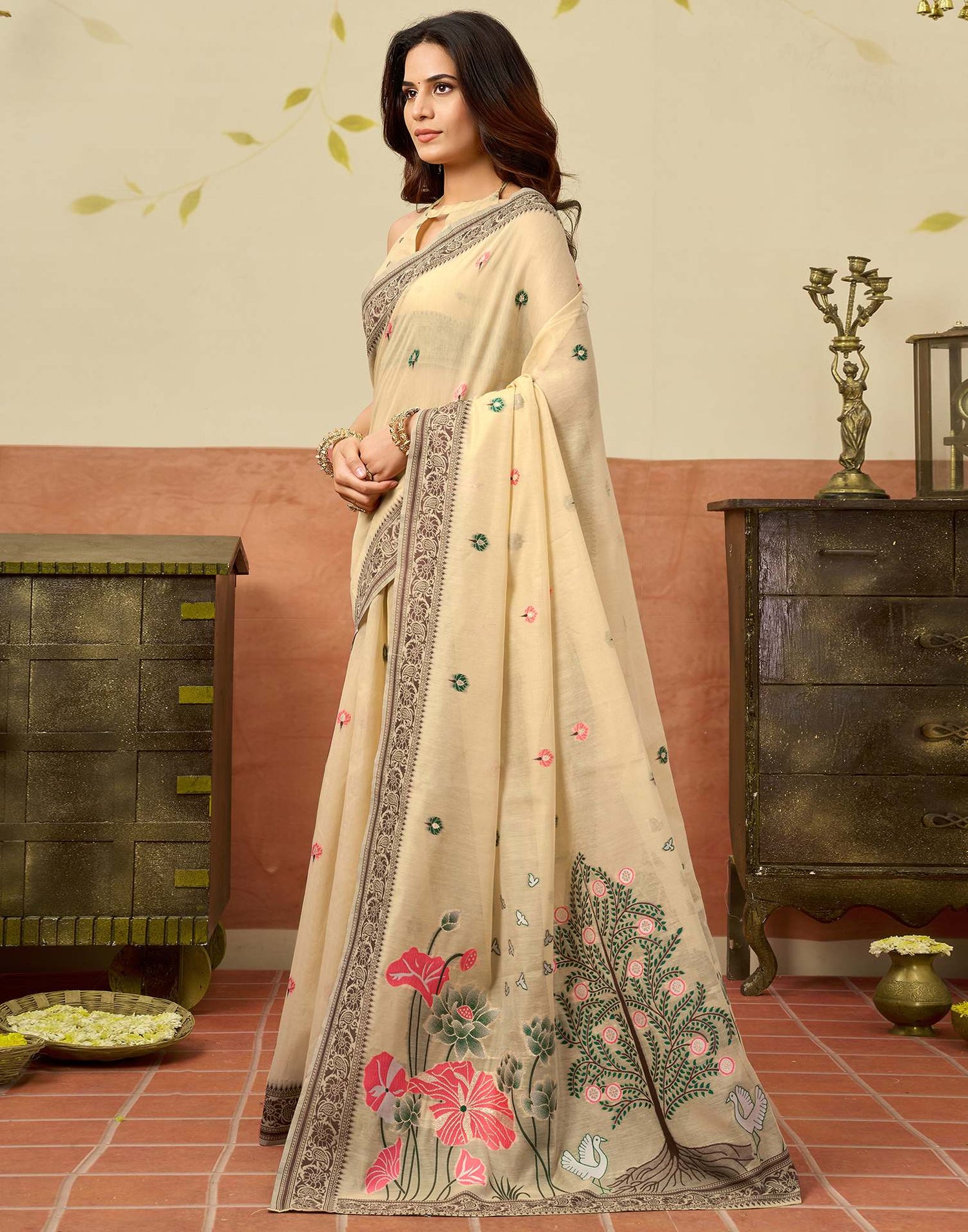 Beige Chanderi Woven Saree