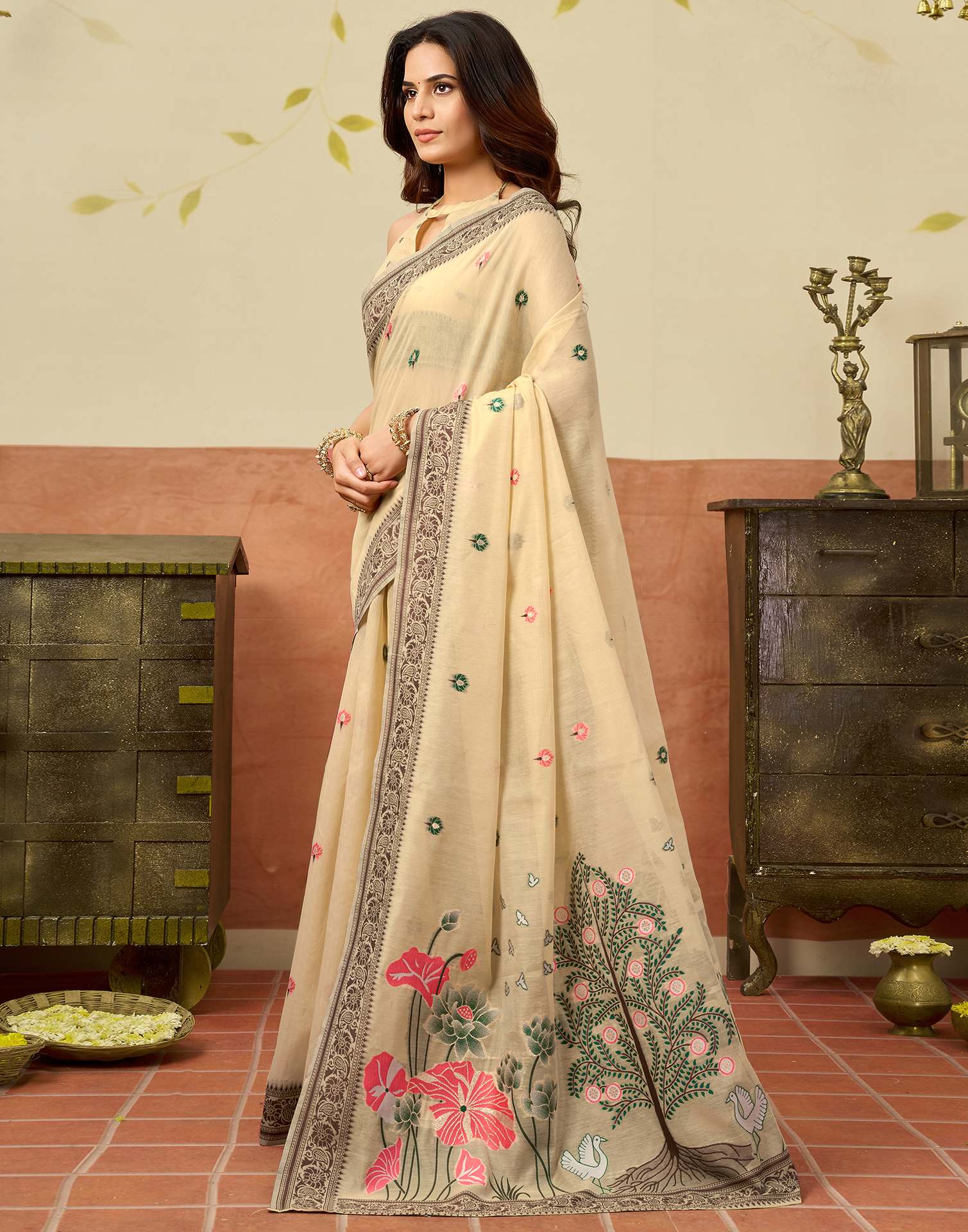 Beige Chanderi Woven Saree