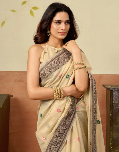 Beige Chanderi Woven Saree