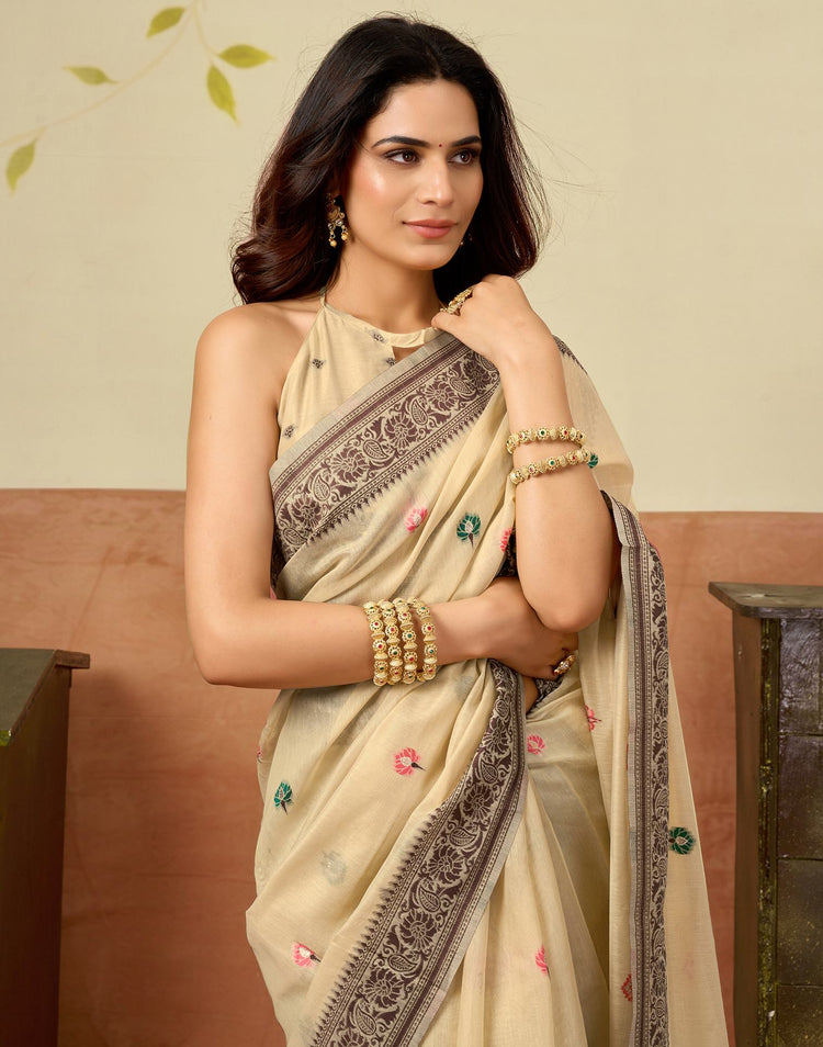 Beige Chanderi Woven Saree