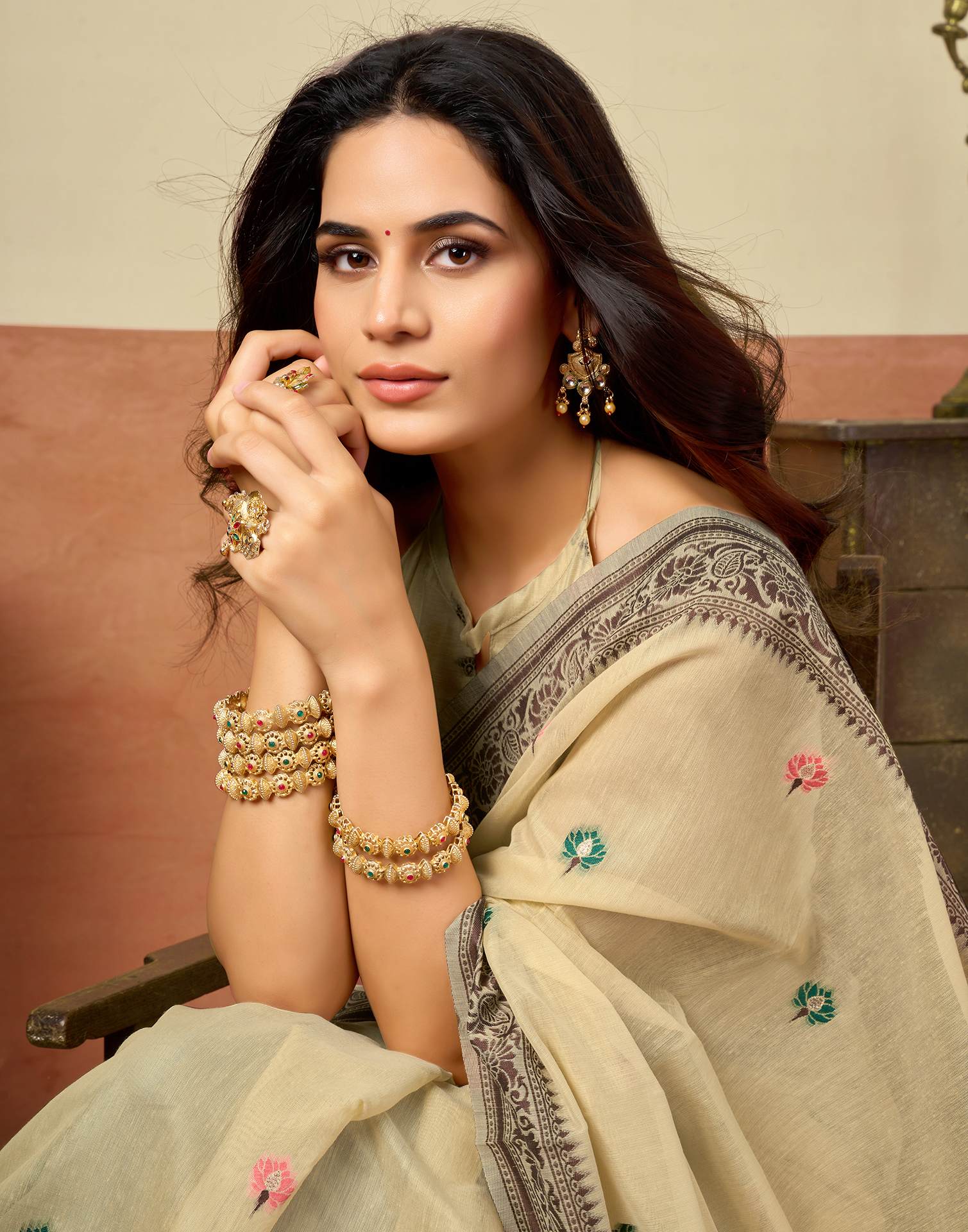 Beige Chanderi Woven Saree