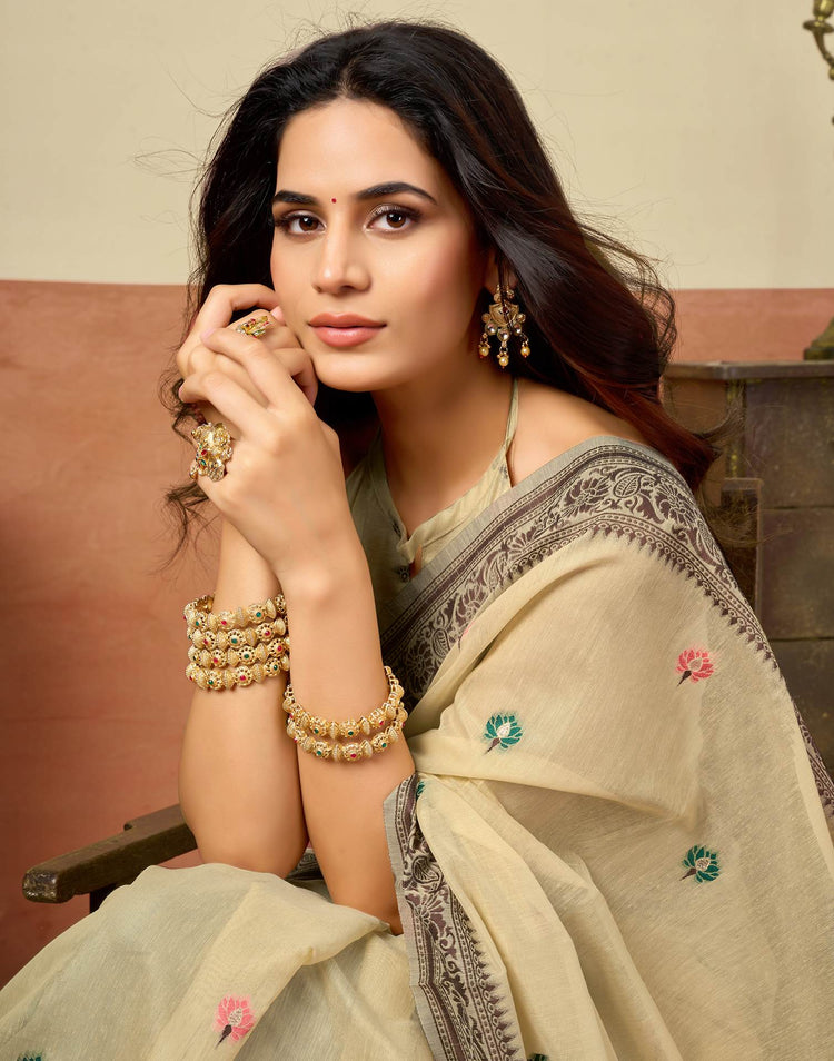 Beige Chanderi Woven Saree