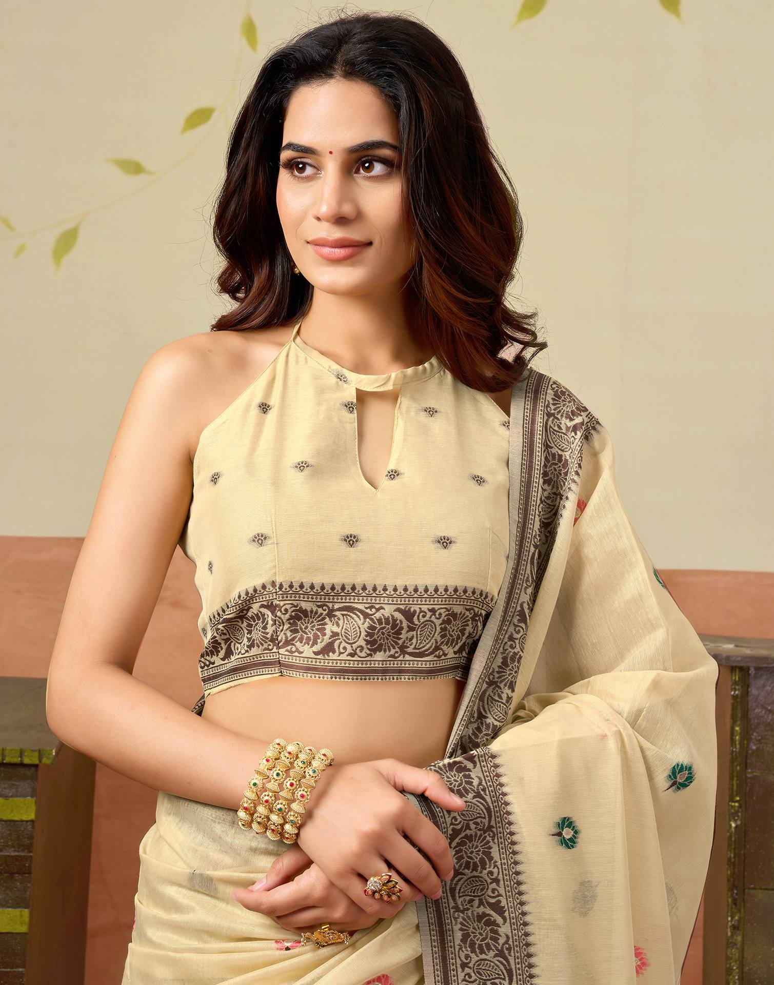 Beige Chanderi Woven Saree