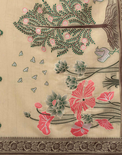 Beige Chanderi Woven Saree
