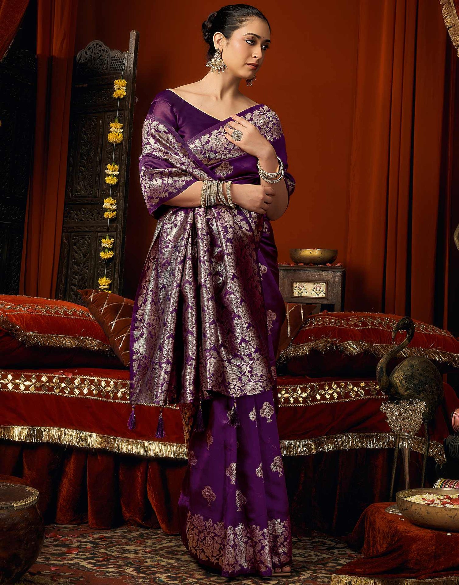 Dark Purple Silk Woven Banarasi Saree
