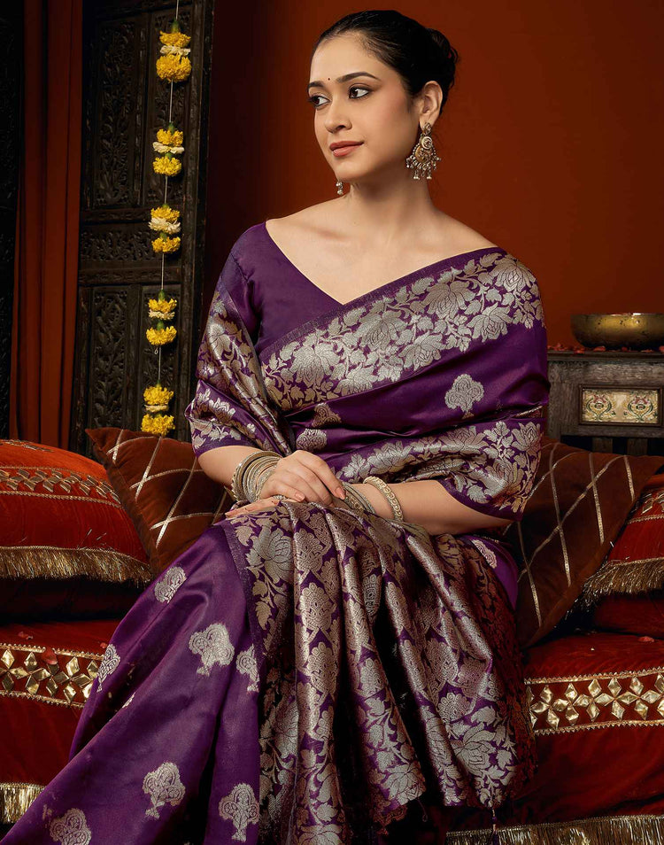 Dark Purple Silk Woven Banarasi Saree