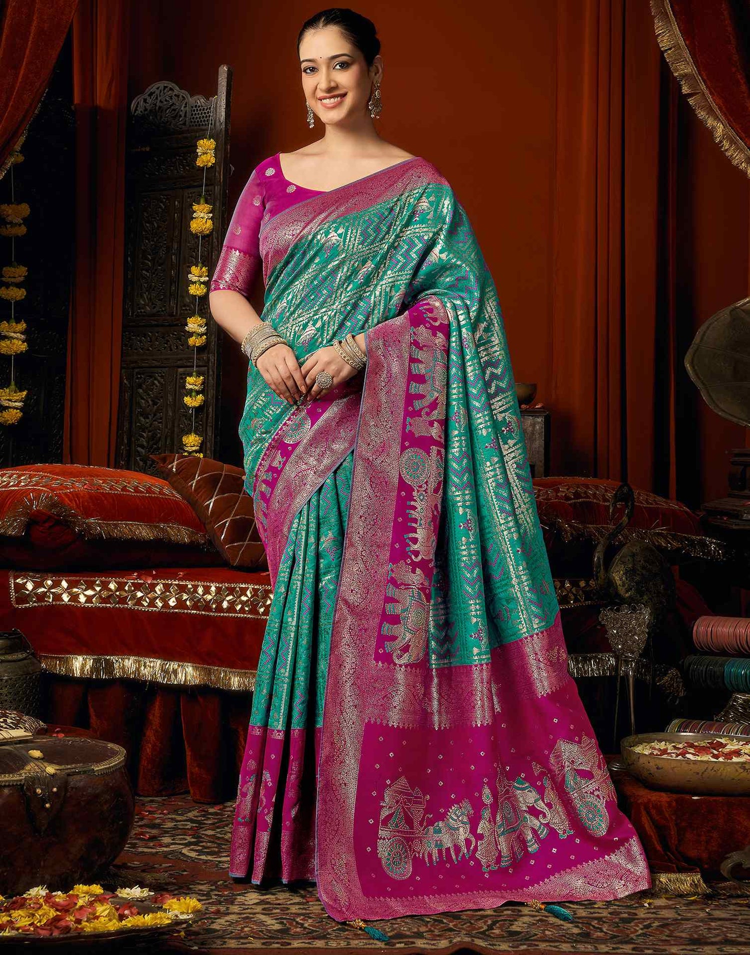 Teal Blue Silk Woven Banarasi Saree