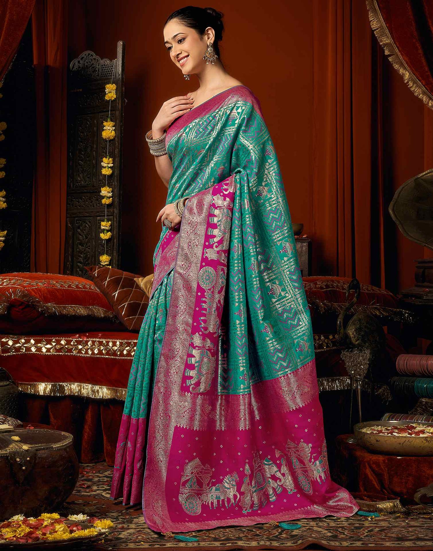 Teal Blue Silk Woven Banarasi Saree