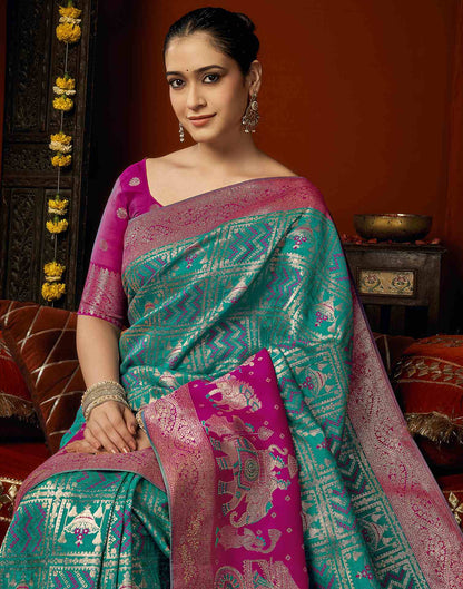 Teal Blue Silk Woven Banarasi Saree