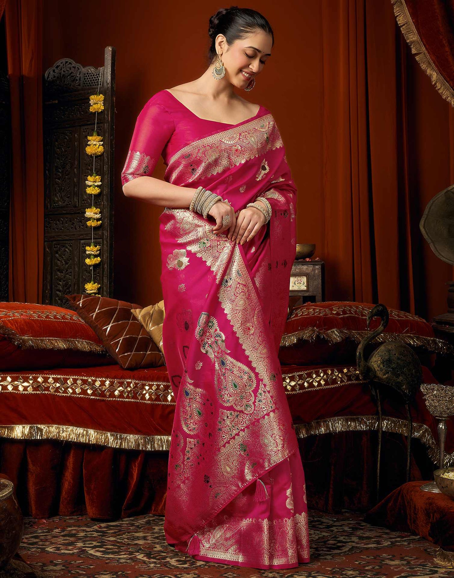 Pink Silk Woven Banarasi Saree