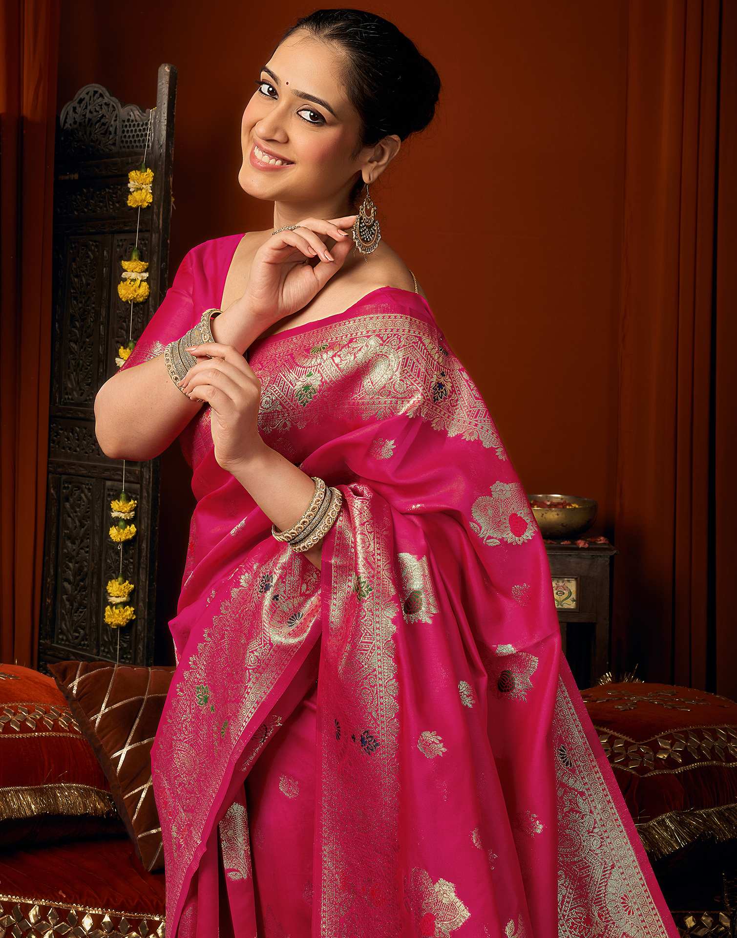 Pink Silk Woven Banarasi Saree