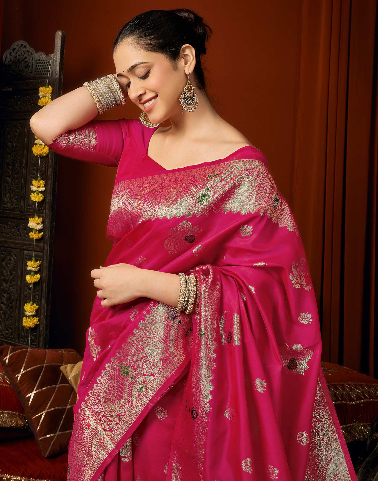 Pink Silk Woven Banarasi Saree