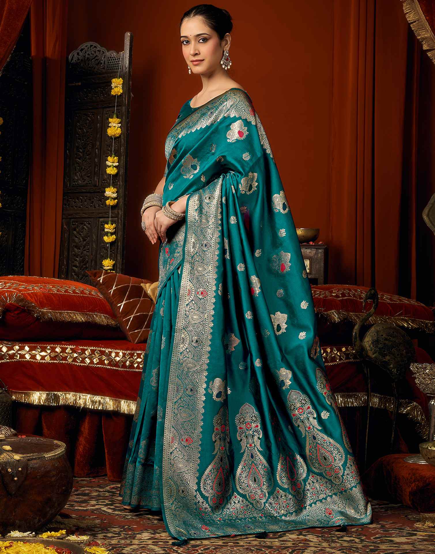 Peacock Blue Silk Woven Banarasi Saree