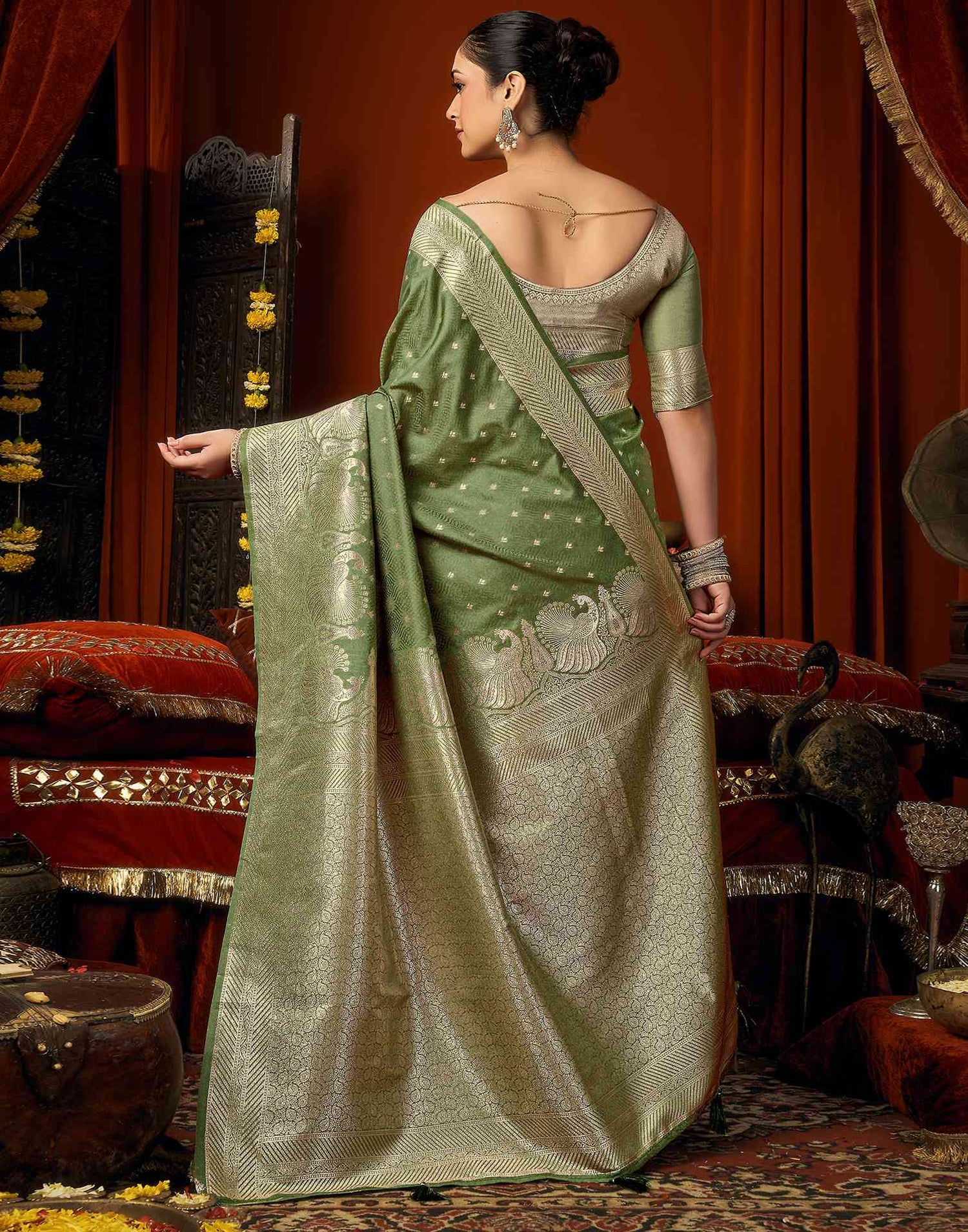 Sage Green Silk Woven Banarasi Saree
