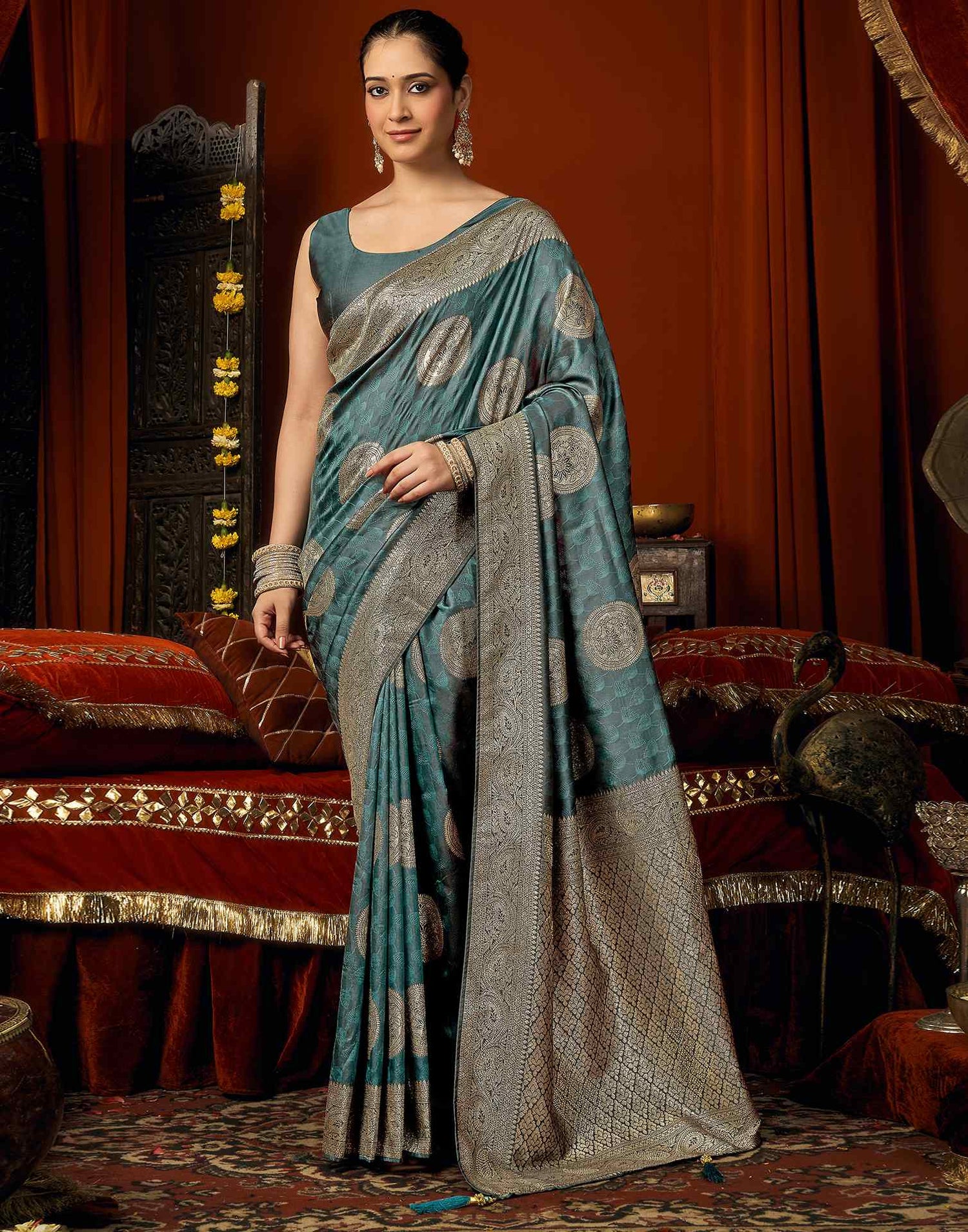 Dusty Rama Green Silk Woven Banarasi Saree