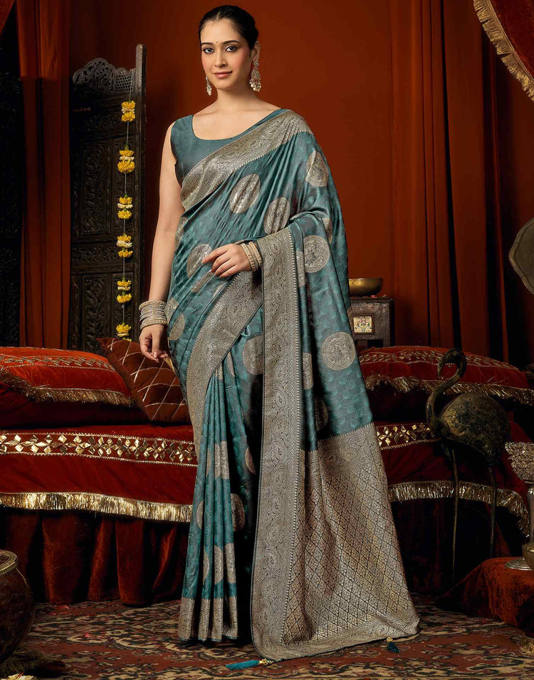 Dusty Rama Green Silk Woven Banarasi Saree