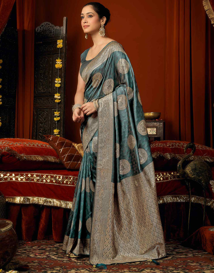 Dusty Rama Green Silk Woven Banarasi Saree