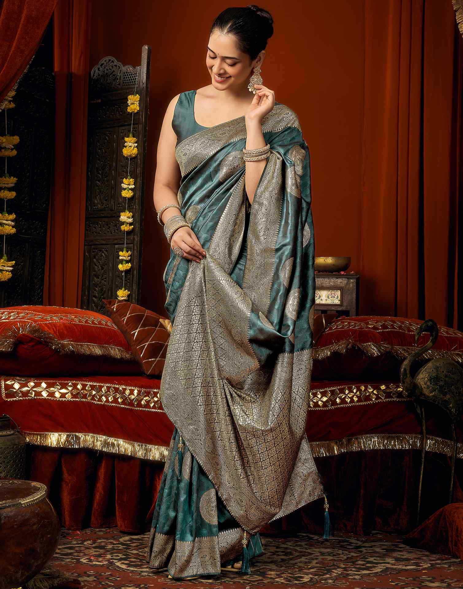 Dusty Rama Green Silk Woven Banarasi Saree