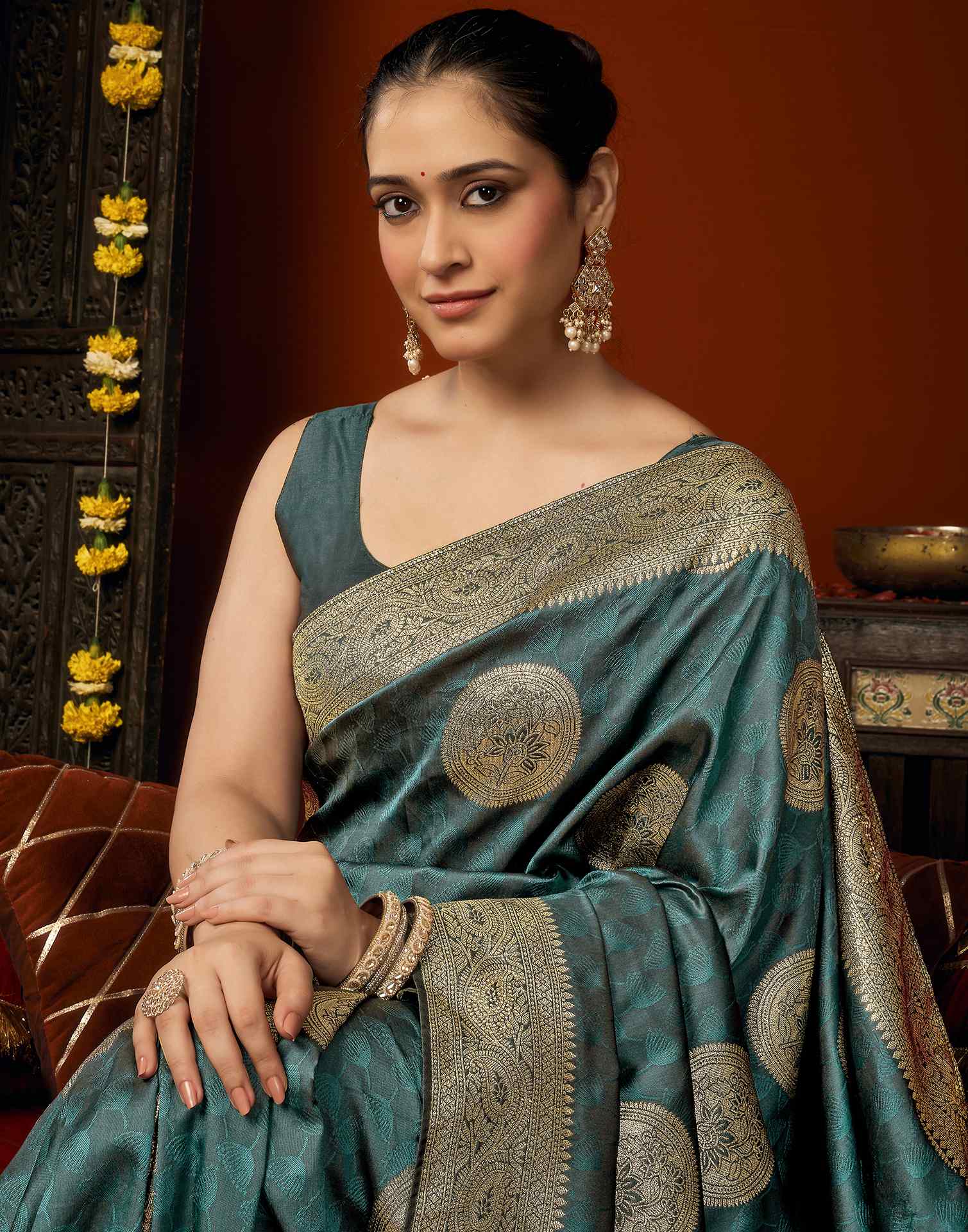 Dusty Rama Green Silk Woven Banarasi Saree