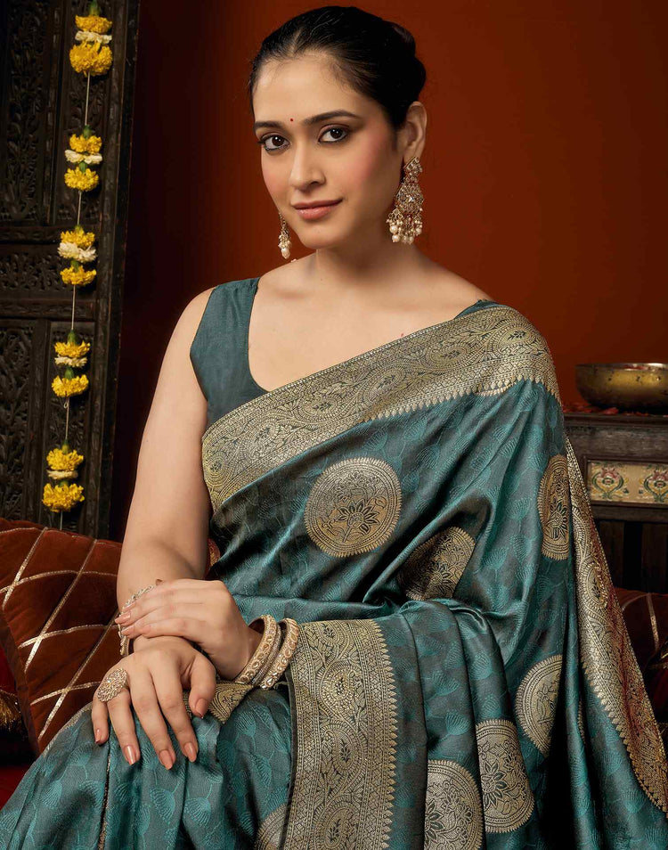 Dusty Rama Green Silk Woven Banarasi Saree