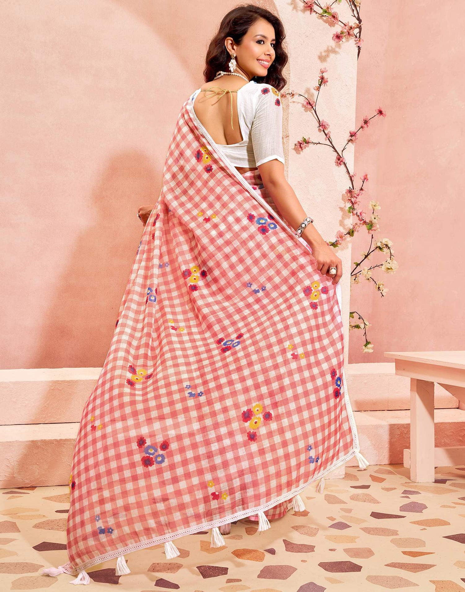 Light Peach Linen Printed Saree