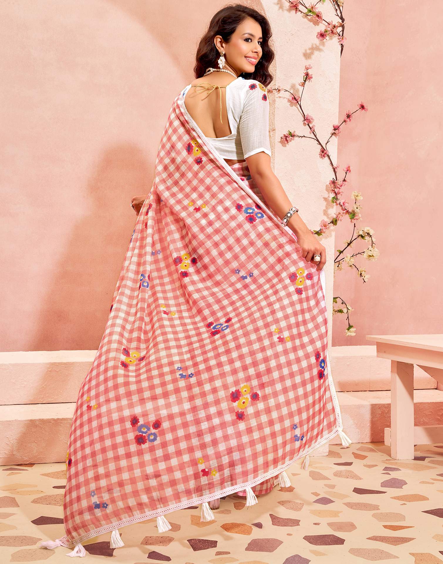 Light Peach Linen Printed Saree