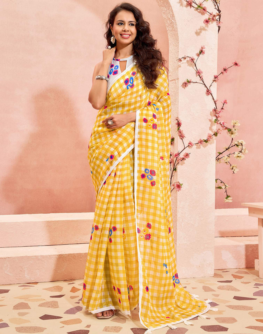 Yellow Linen Printed Saree