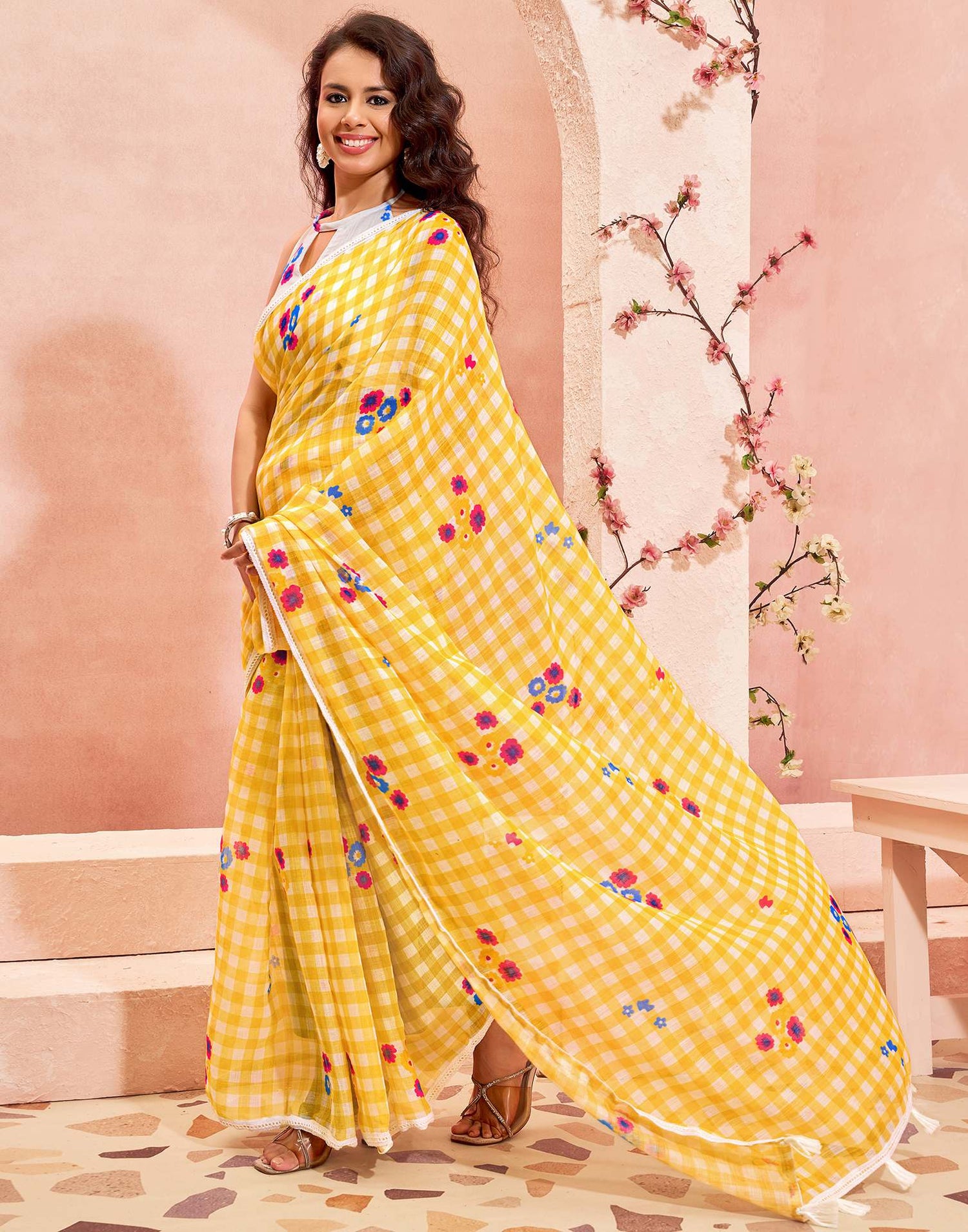 Yellow Linen Printed Saree