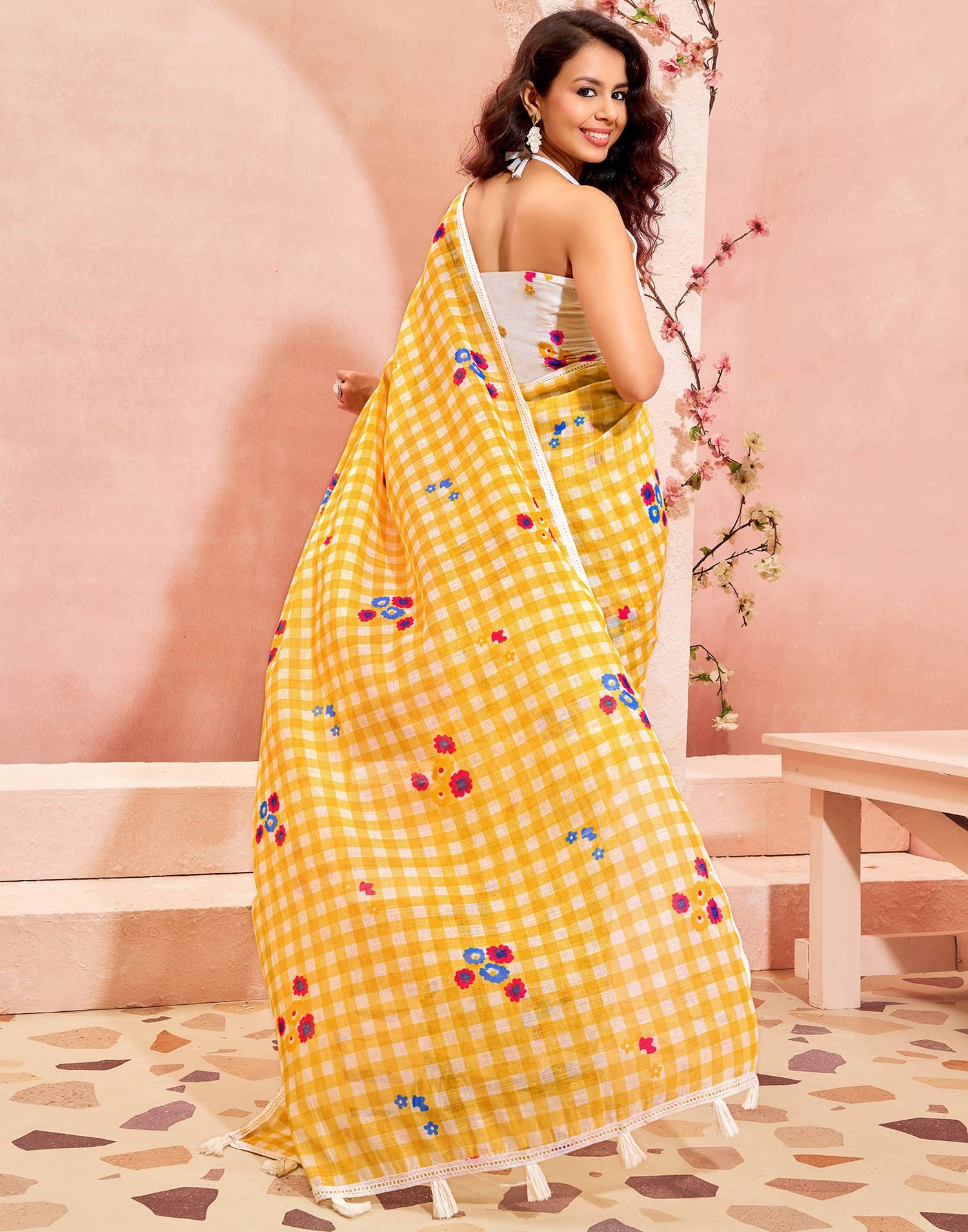 Yellow Linen Printed Saree