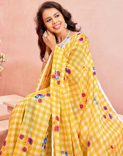 Yellow Linen Printed Saree