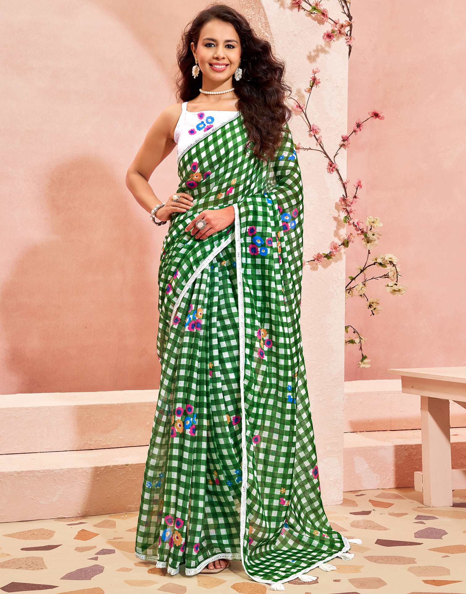 Green Linen Printed Saree