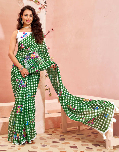 Green Linen Printed Saree