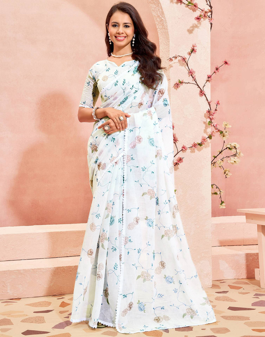 White Linen Printed Saree