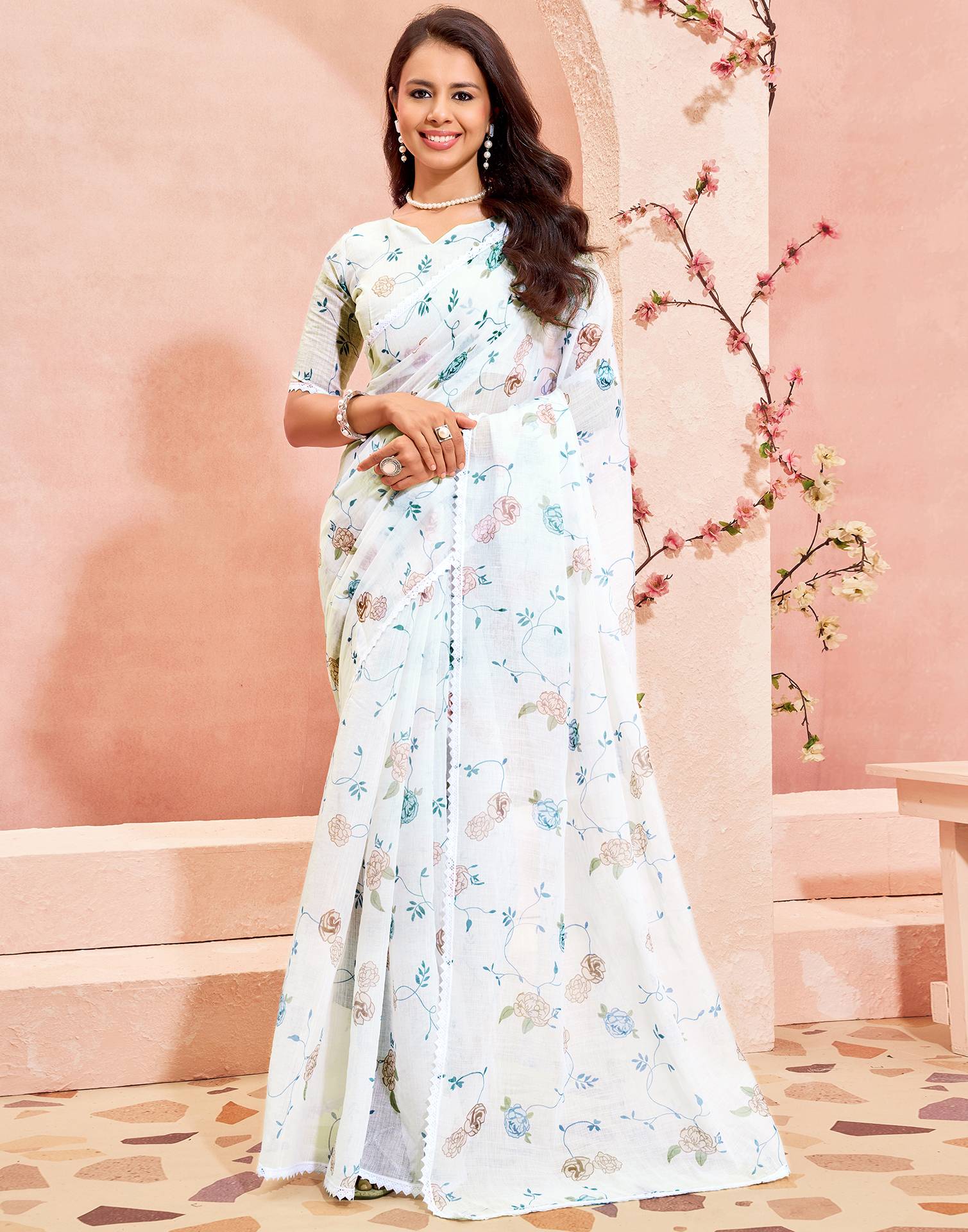 White Linen Printed Saree