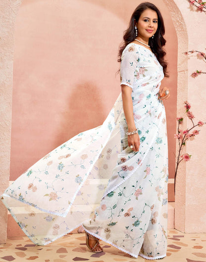 White Linen Printed Saree