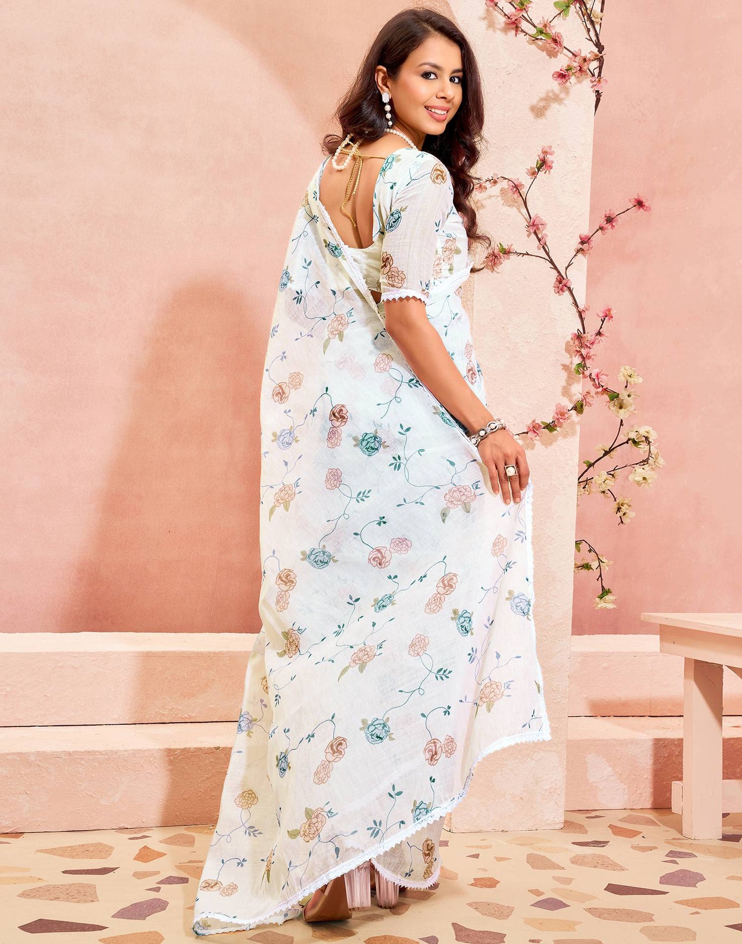 White Linen Printed Saree