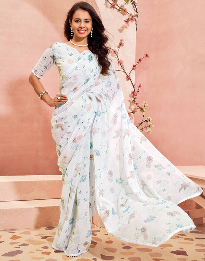 White Linen Printed Saree