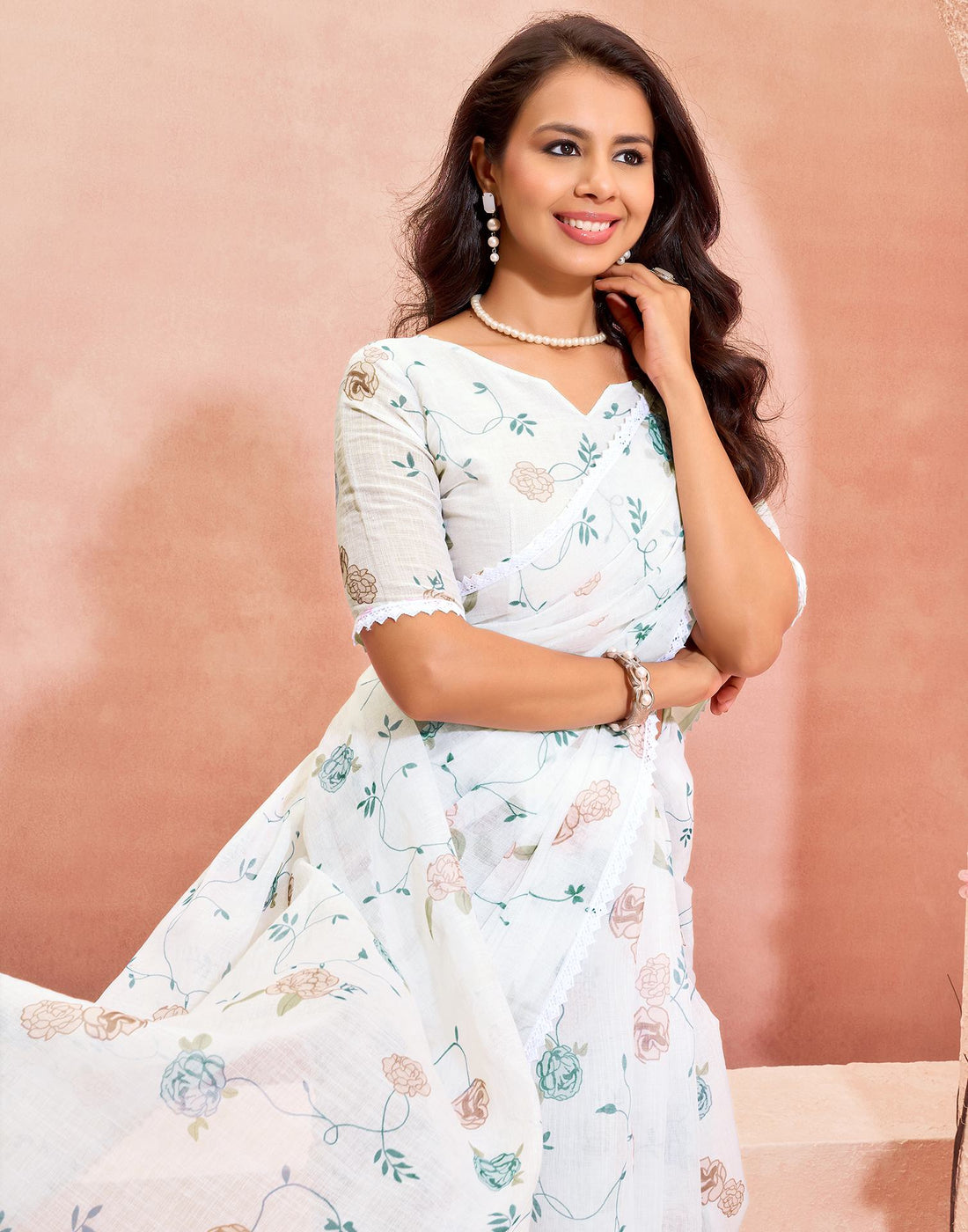 White Linen Printed Saree