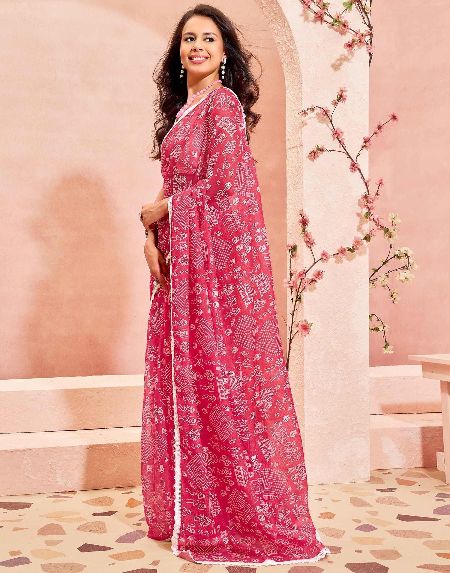 Pink Linen Warli Printed Saree
