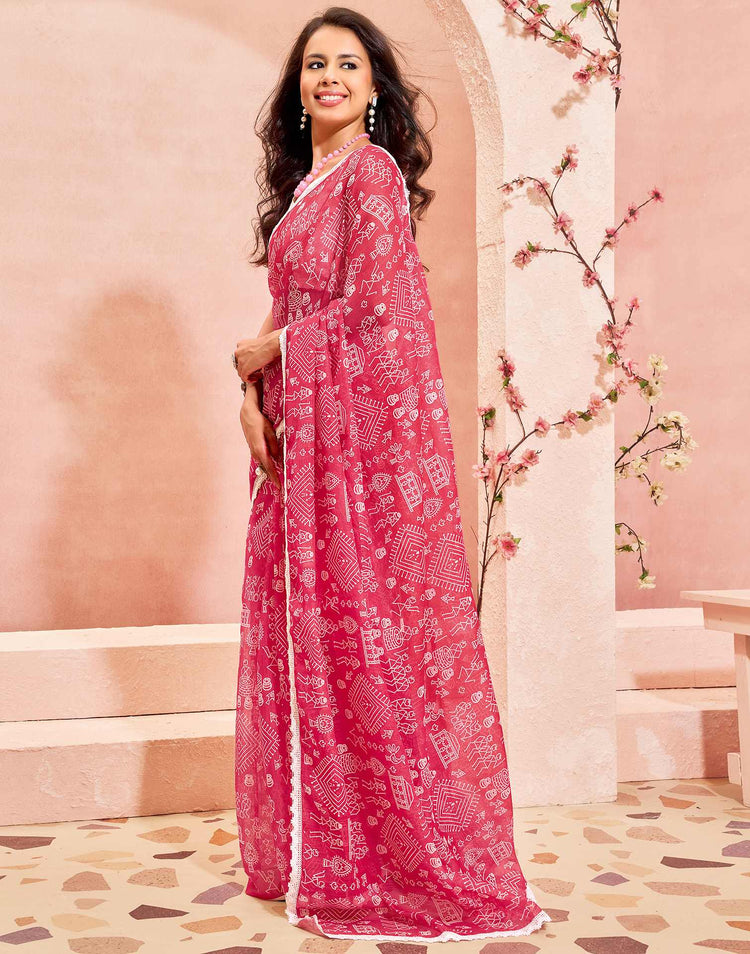 Pink Linen Warli Printed Saree