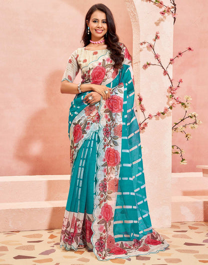 Sky Blue Linen Printed Saree