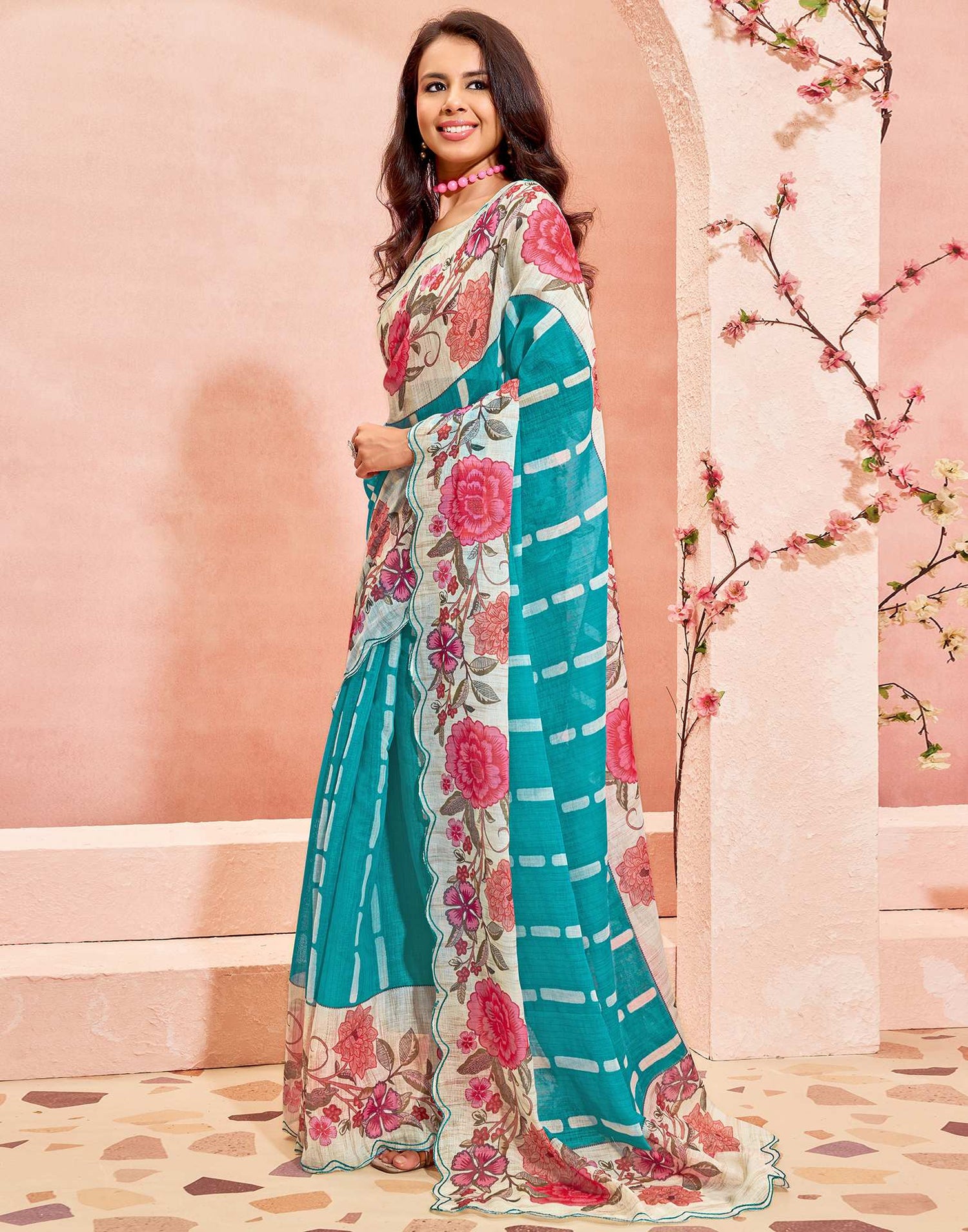 Sky Blue Linen Printed Saree