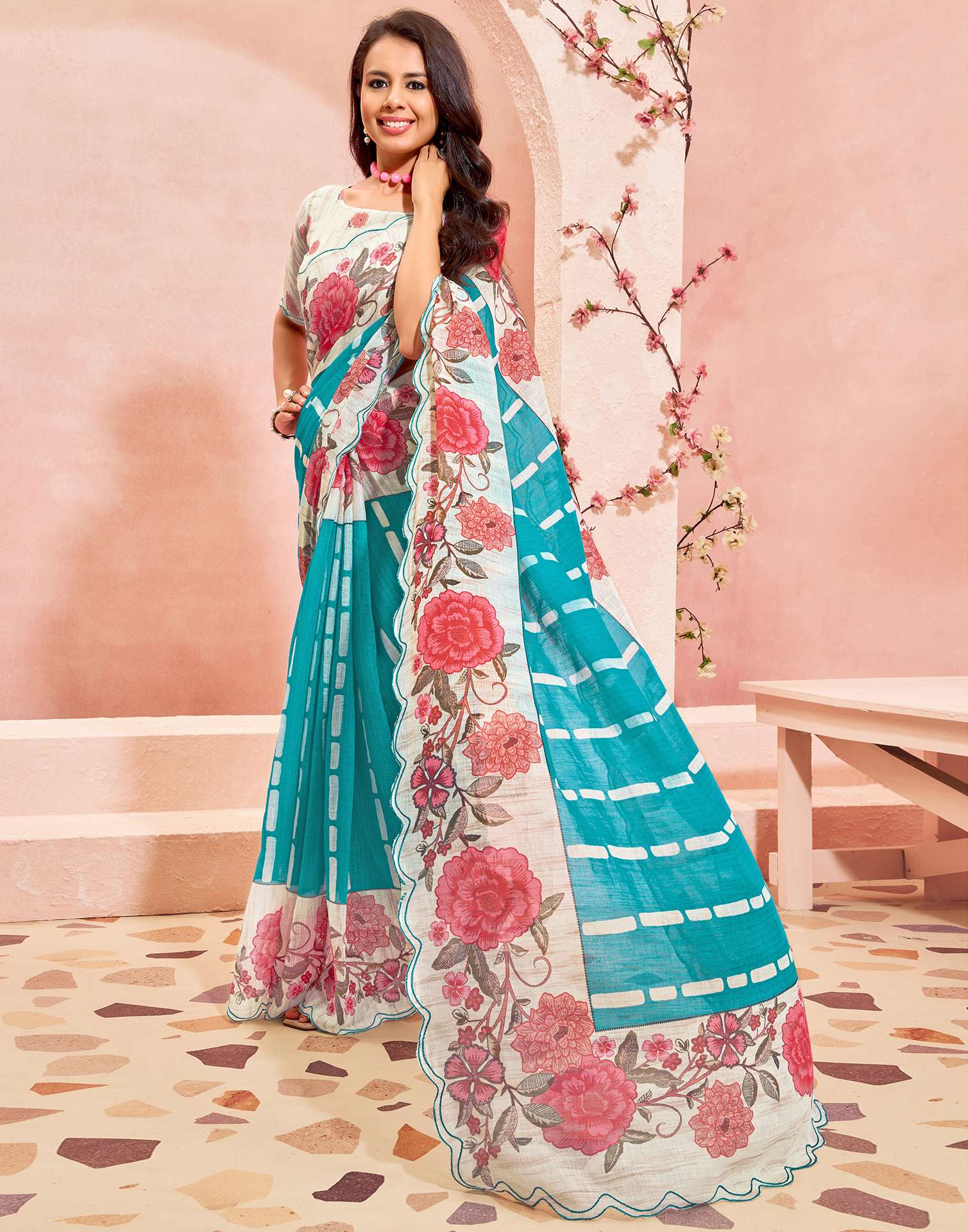 Sky Blue Linen Printed Saree