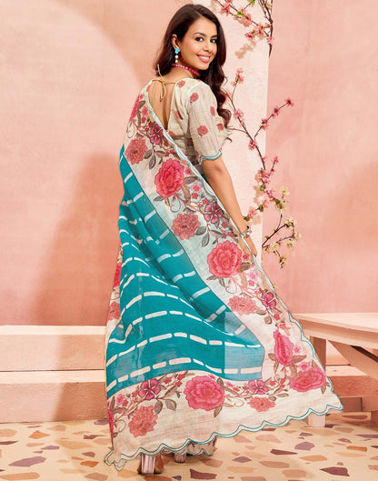 Sky Blue Linen Printed Saree