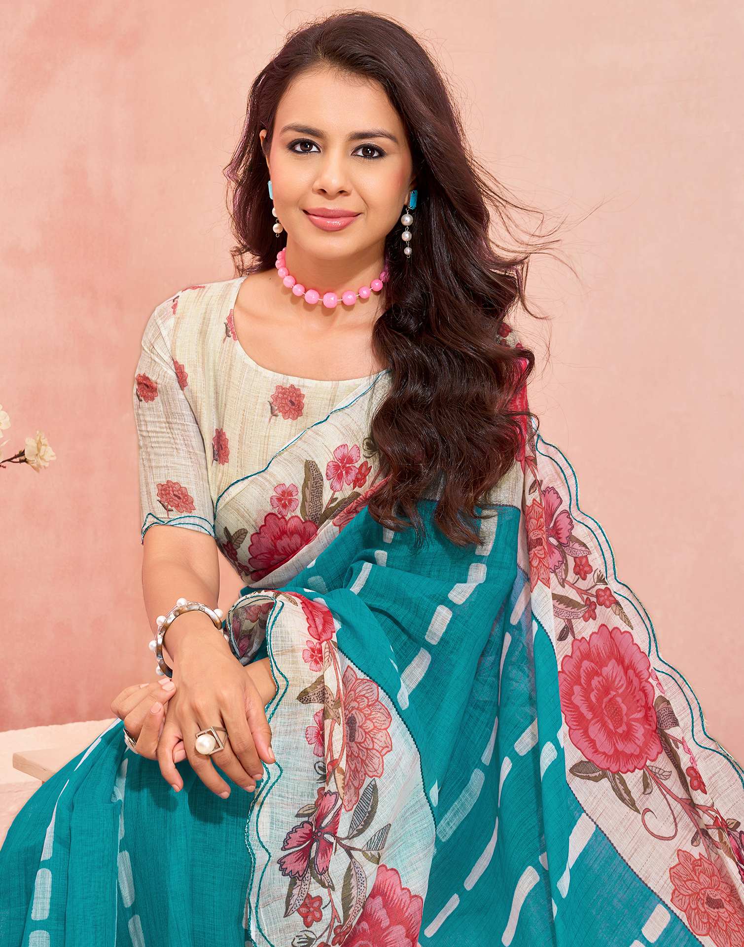 Sky Blue Linen Printed Saree