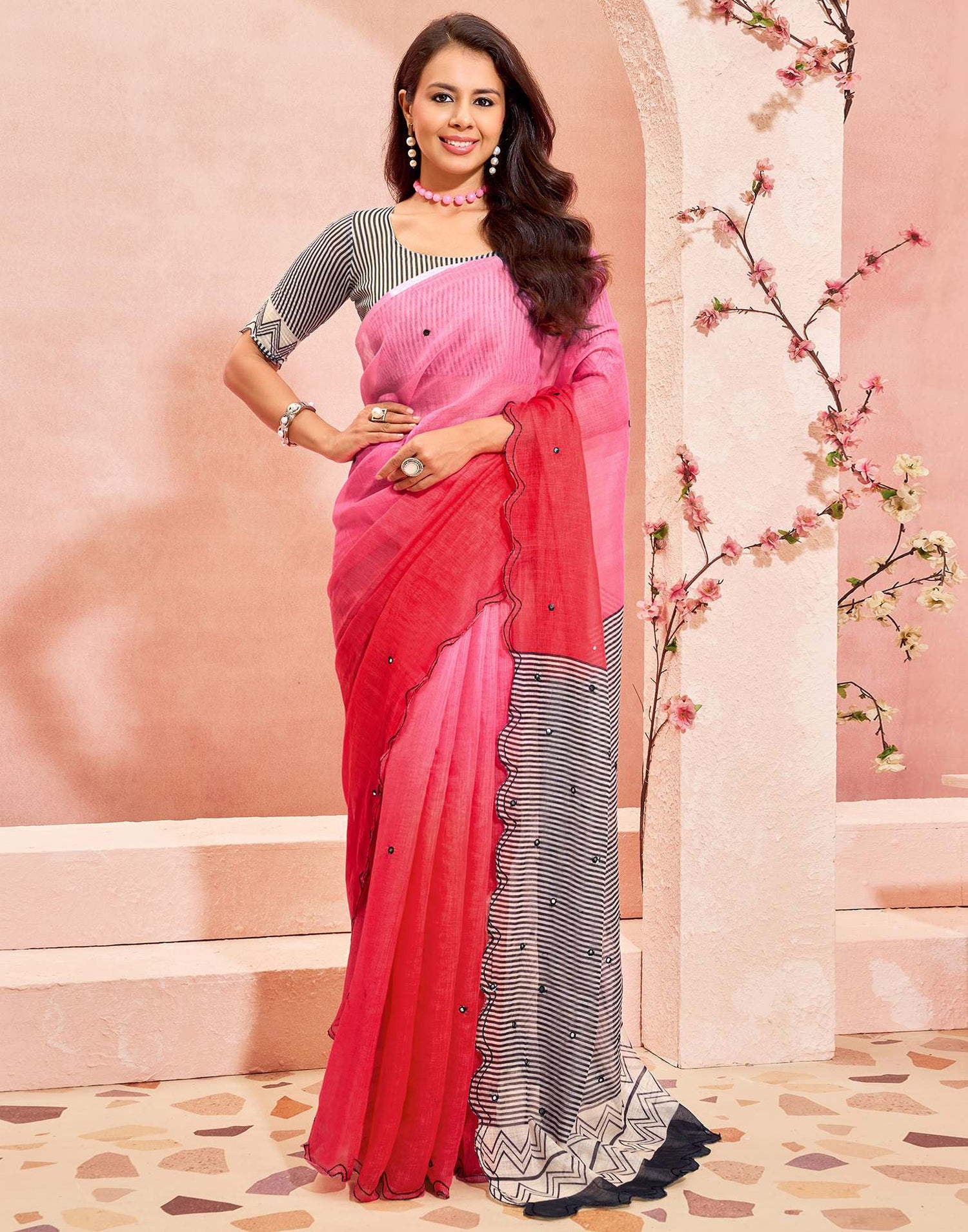 Dark Pink Linen Printed Saree