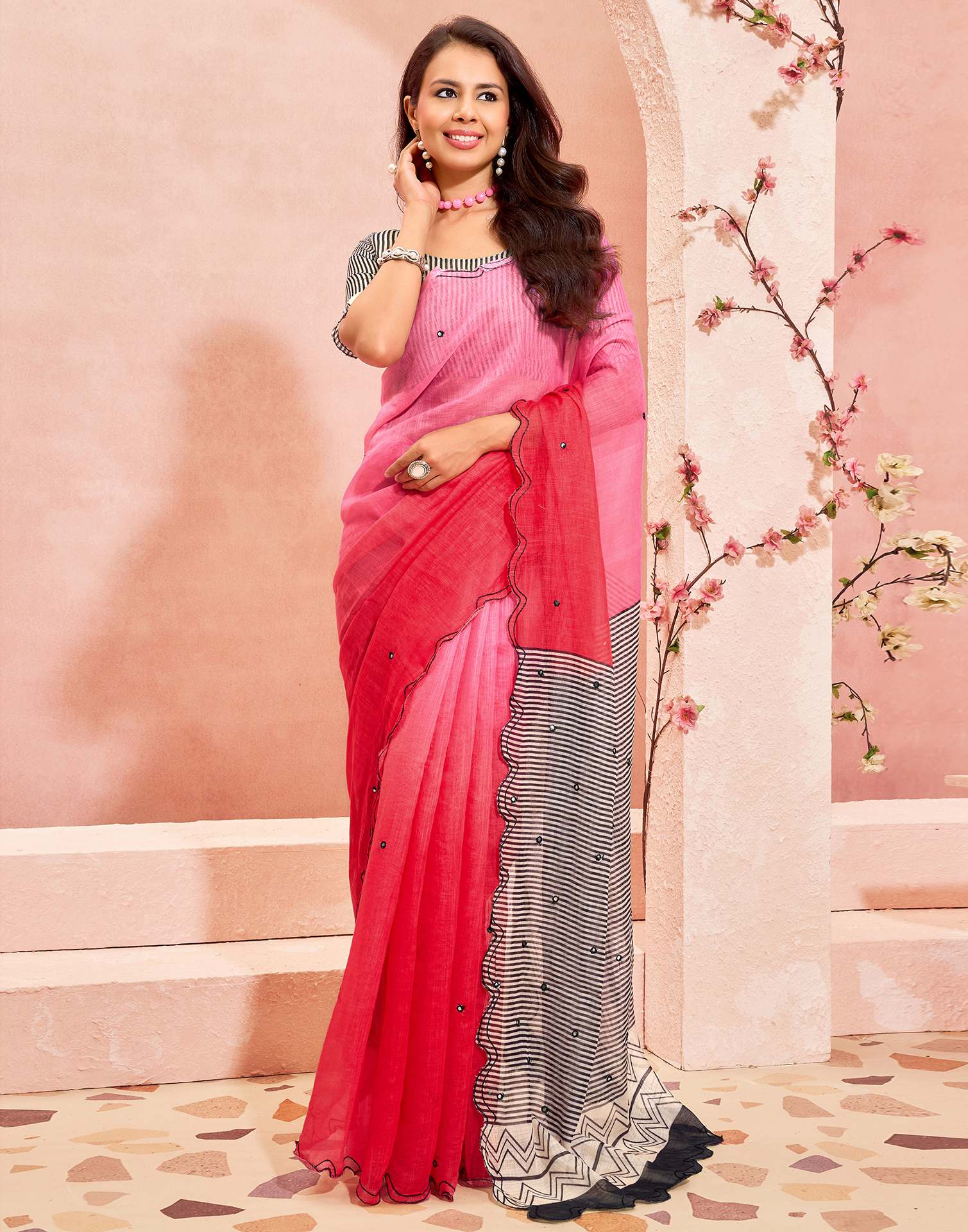 Dark Pink Linen Printed Saree