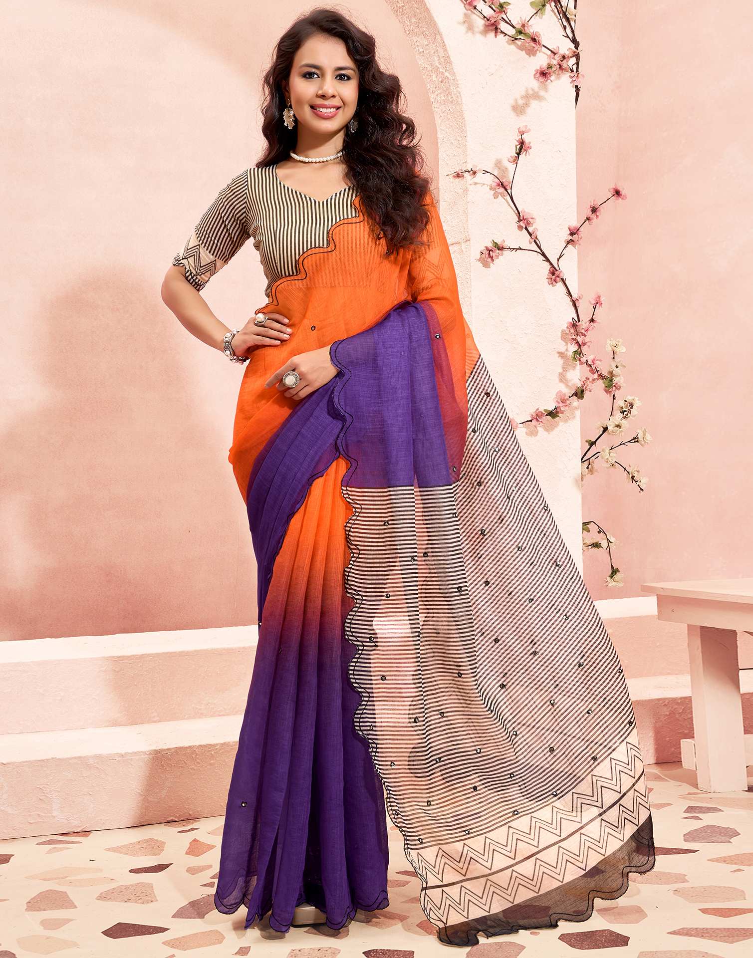 Orange Linen Printed Saree